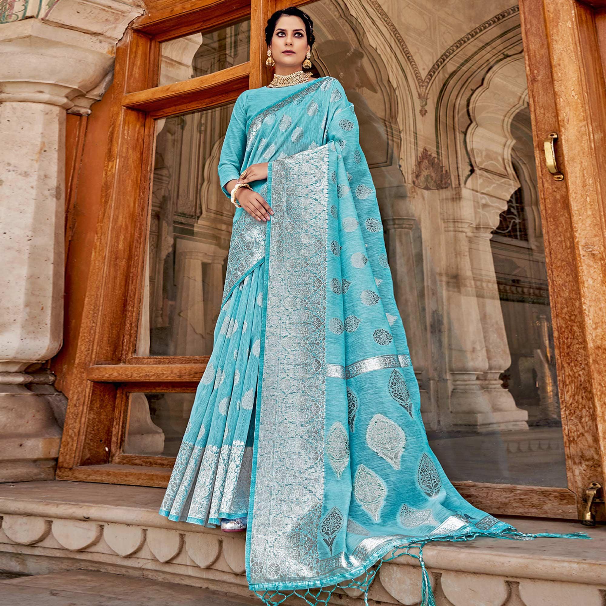 Sky Blue Partywear Silver Zari Work Linen Saree - Peachmode
