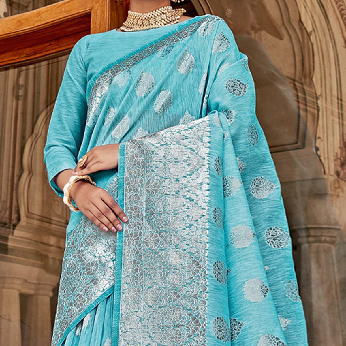 Sky Blue Partywear Silver Zari Work Linen Saree - Peachmode