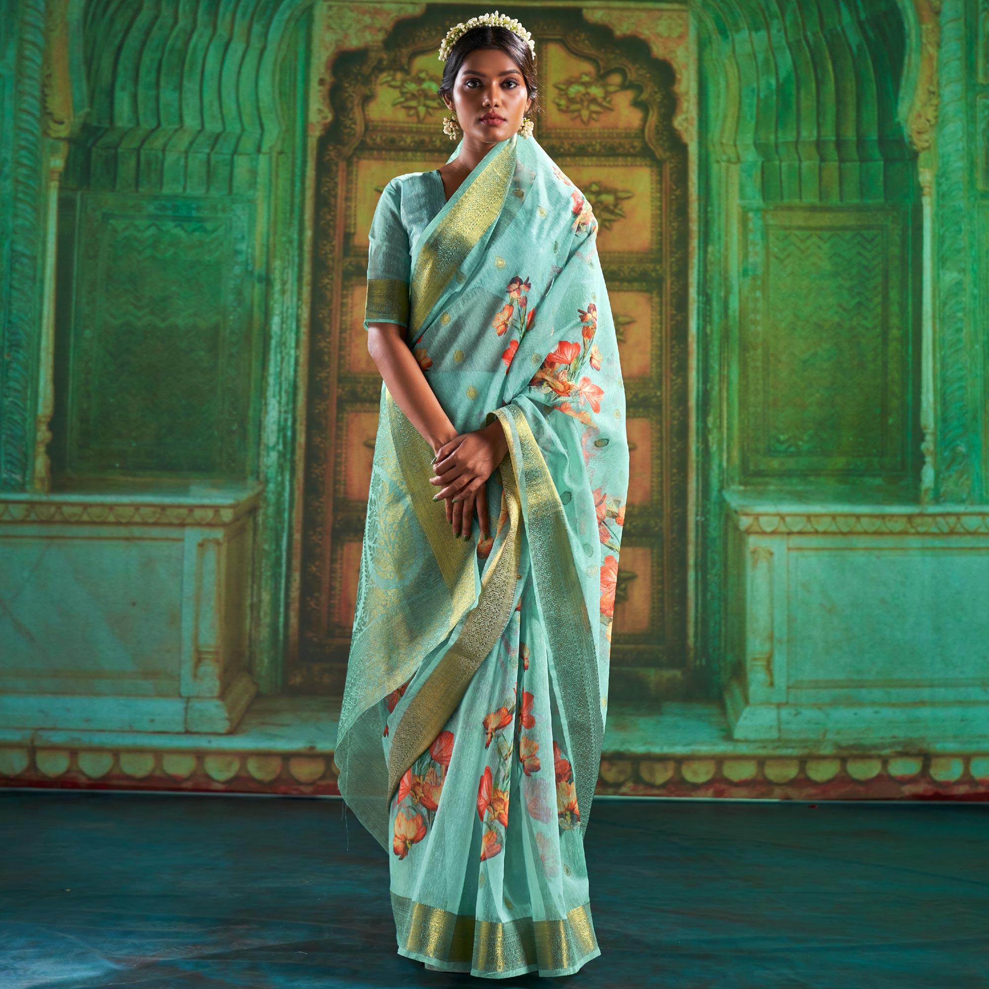 Sky Blue Partywear Wear Digital Floral Taspa Linen Silk Saree - Peachmode