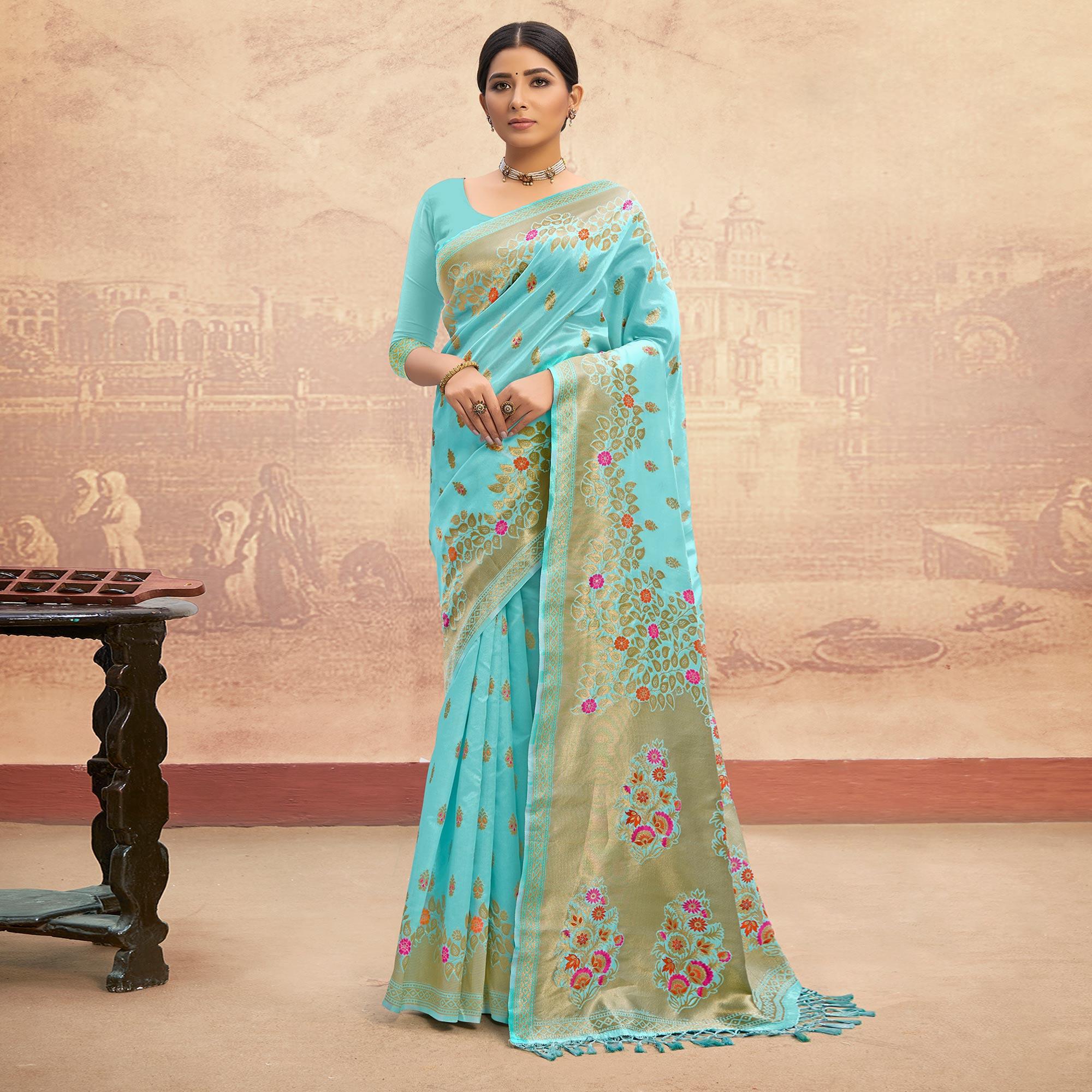 Sky Blue Partywear Woven Silk Saree - Peachmode