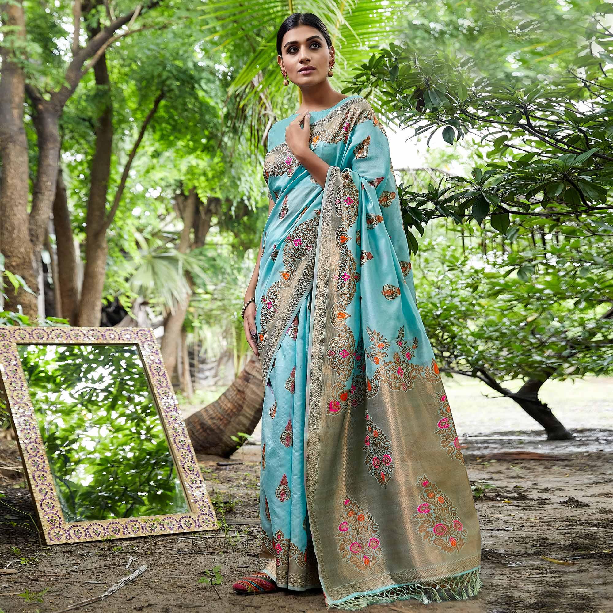 Sky Blue Partywear Woven Silk Saree - Peachmode