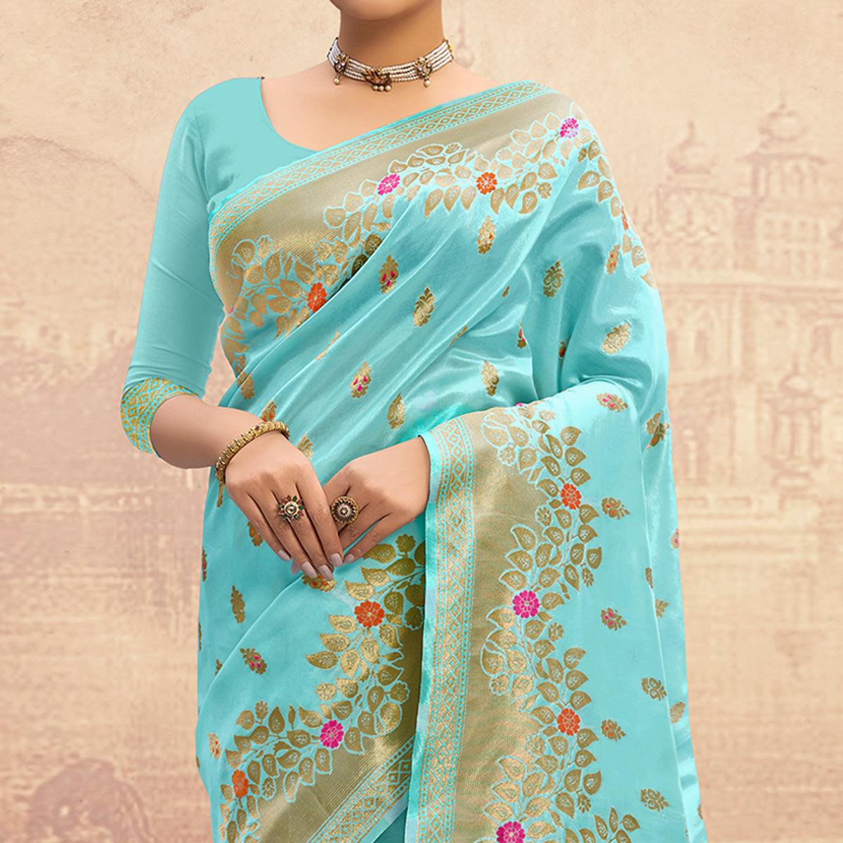 Sky Blue Partywear Woven Silk Saree - Peachmode
