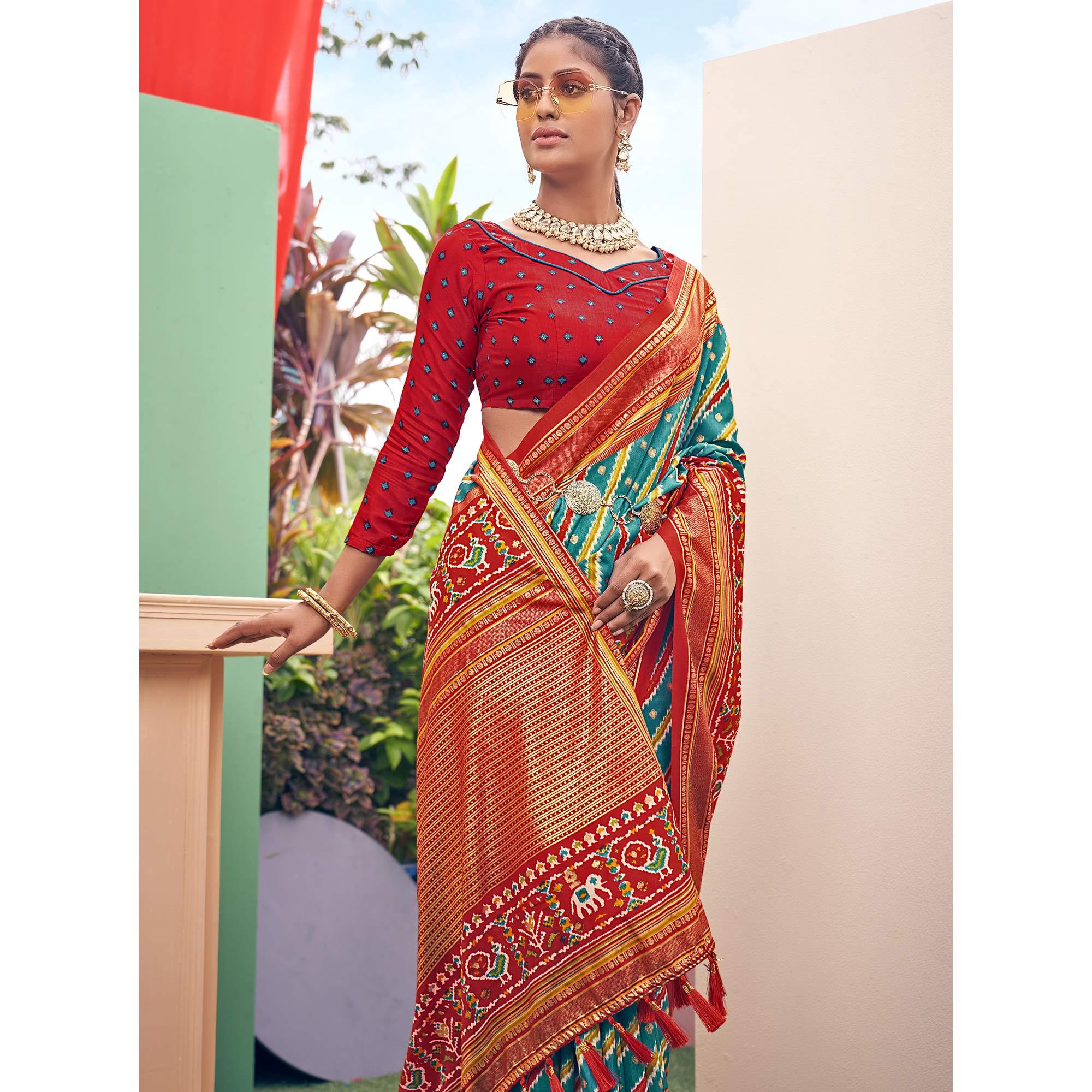 Sky Blue Patola Printed Silk Saree With Tassels - Peachmode