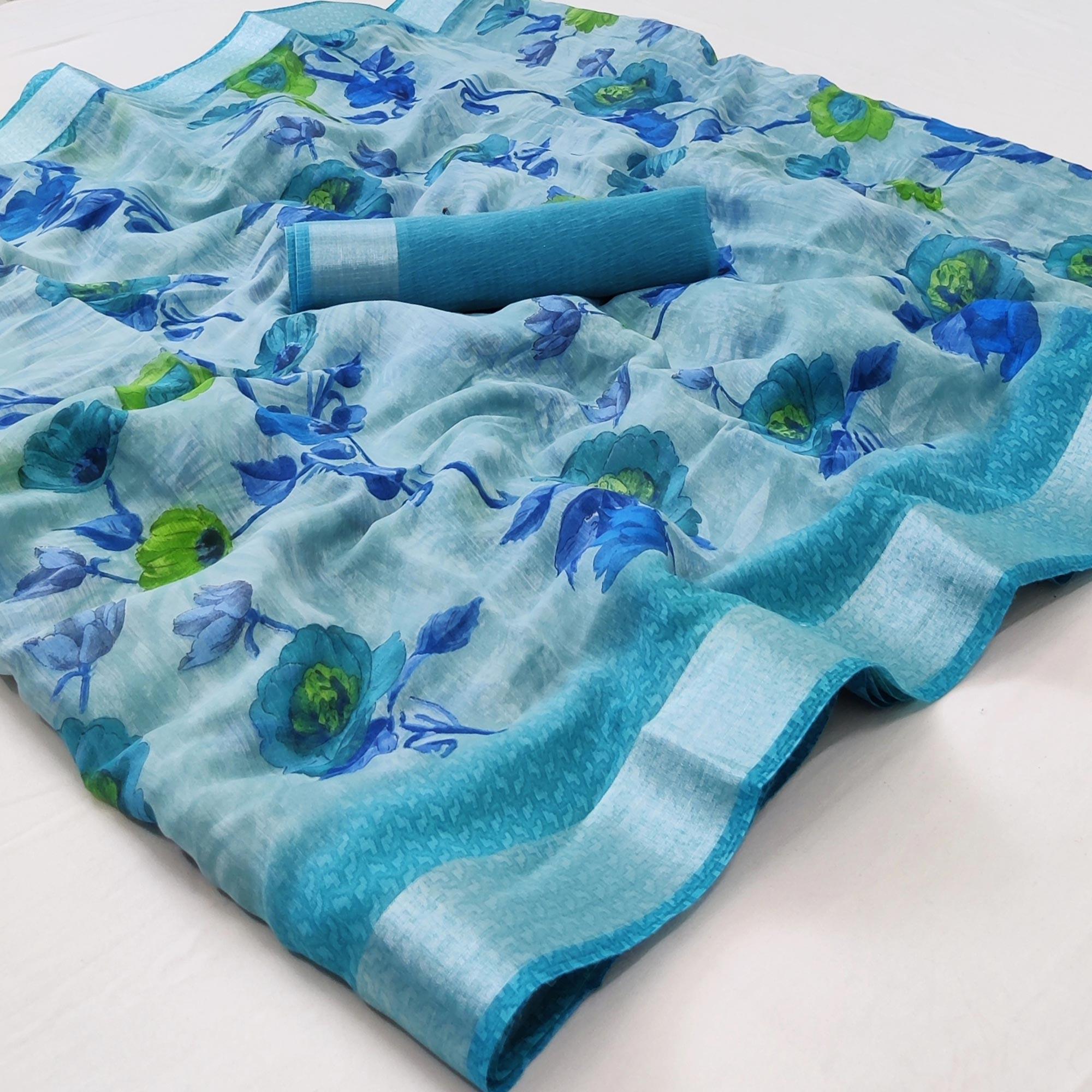 Sky Blue Printed Linen Saree - Peachmode