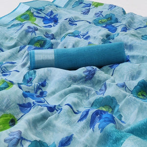 Sky Blue Printed Linen Saree - Peachmode