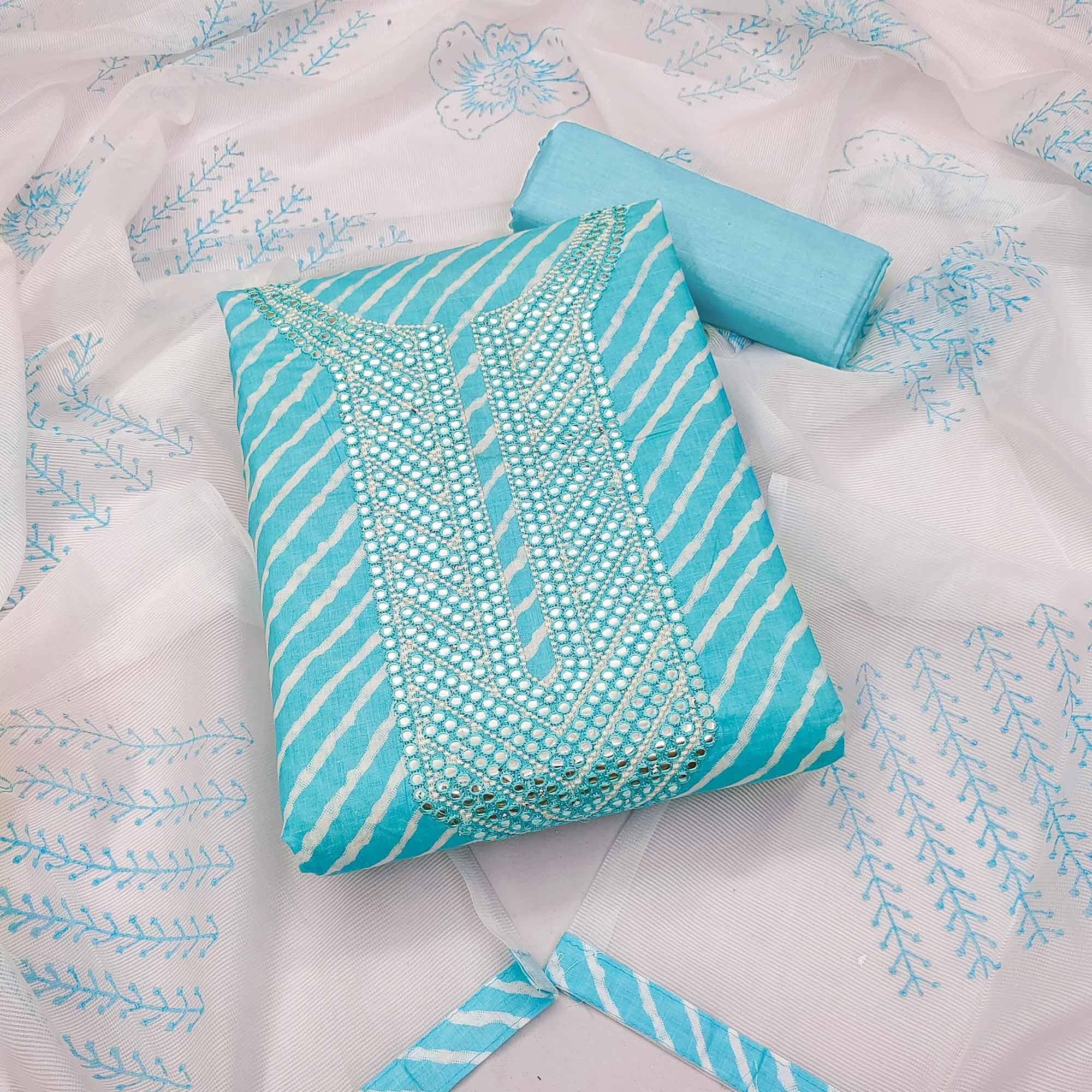 Sky Blue Printed-Mirror Work Pure Cotton Dress Material - Peachmode