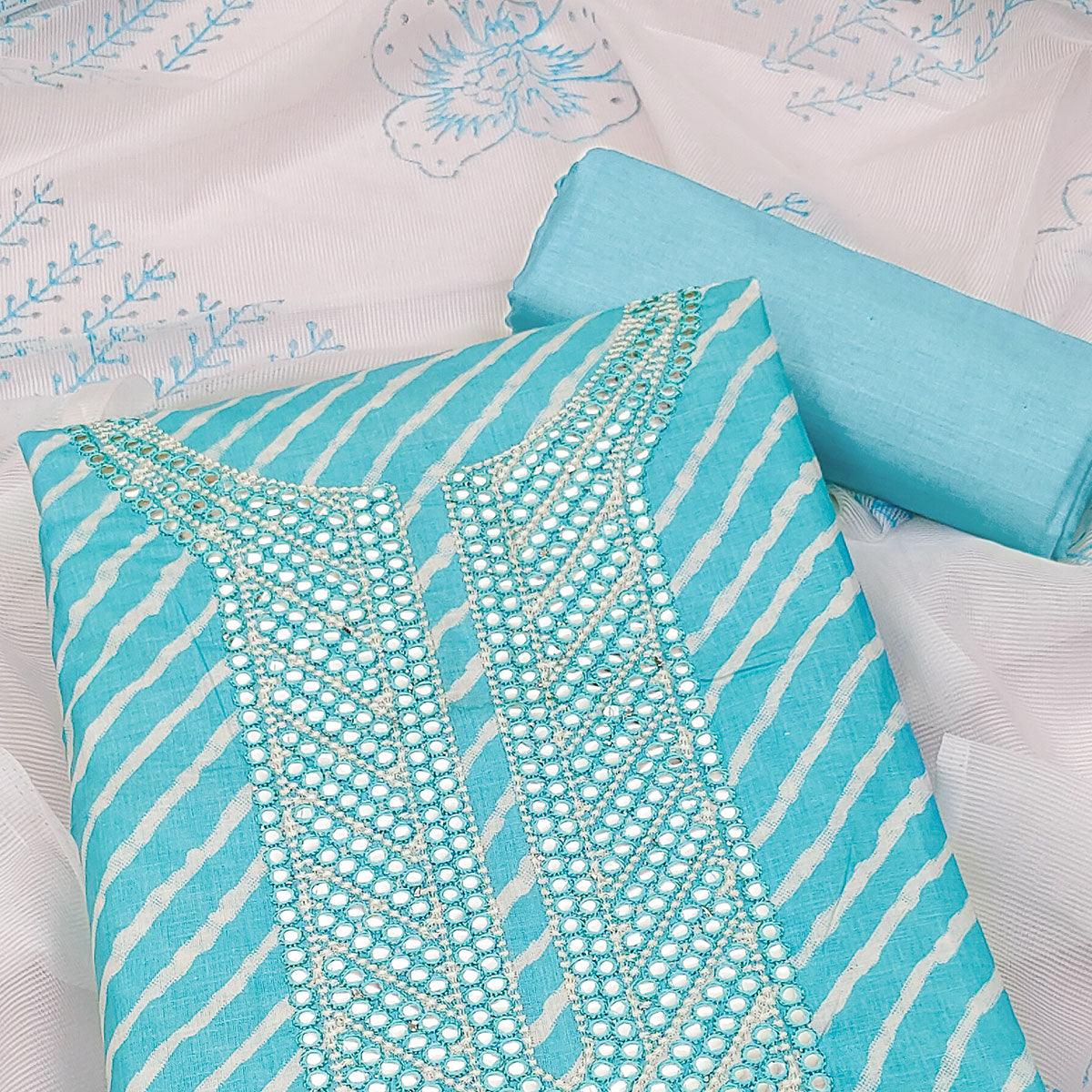 Sky Blue Printed-Mirror Work Pure Cotton Dress Material - Peachmode