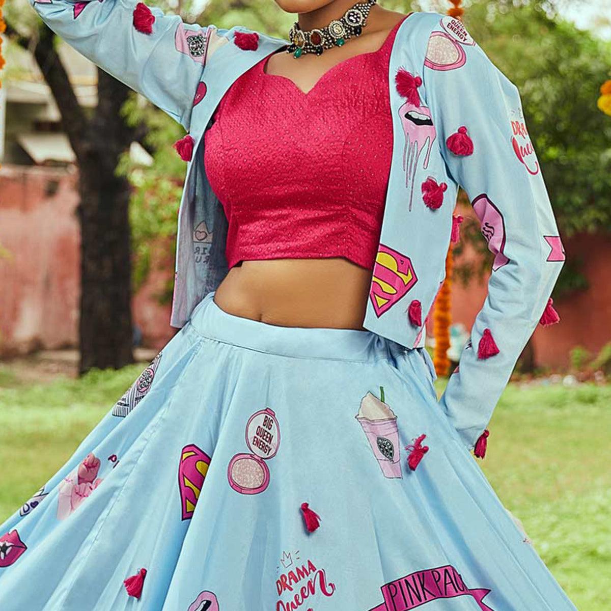 Sky Blue Printed Muslin Lehenga Choli With Koti - Peachmode