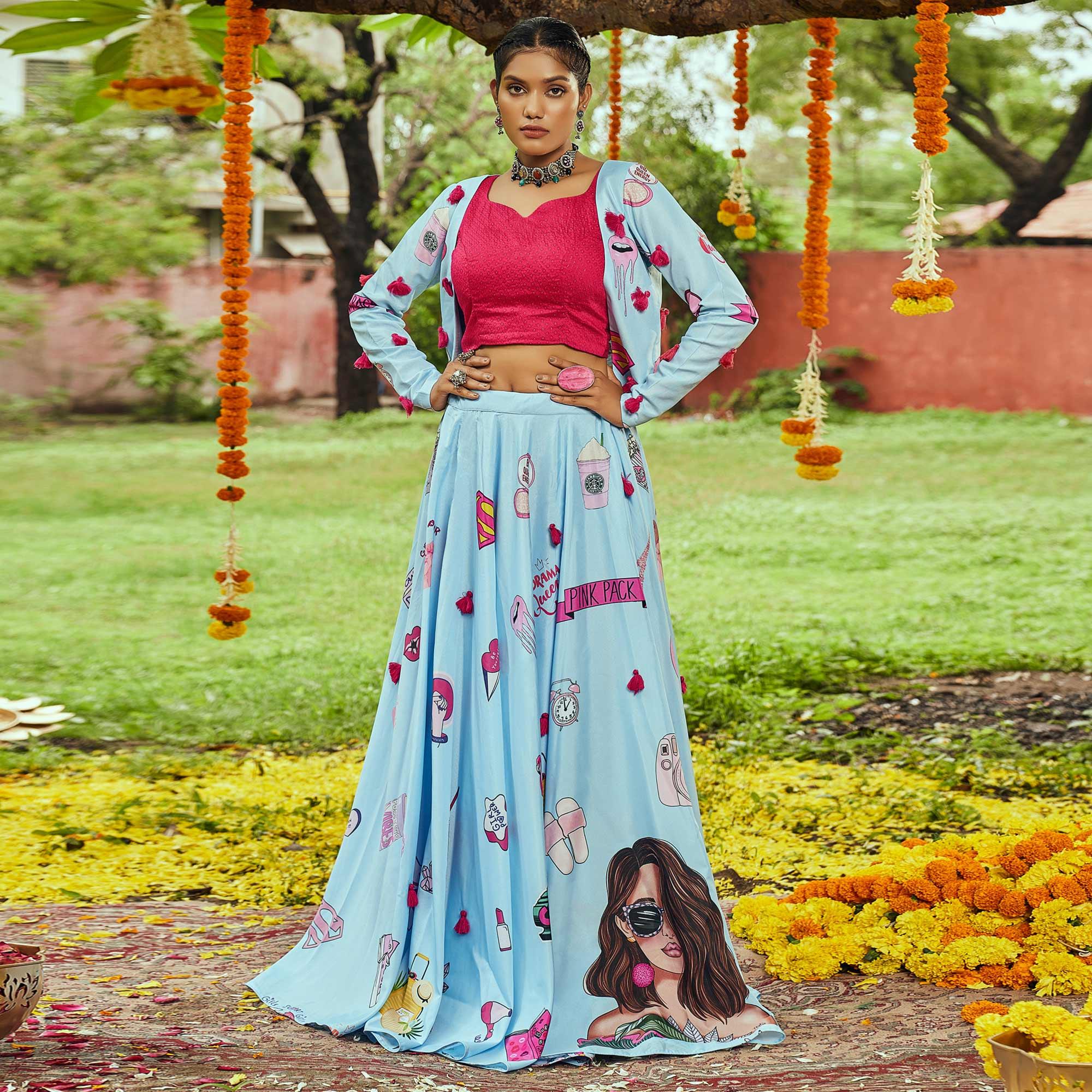 Sky Blue Printed Muslin Lehenga Choli With Koti - Peachmode