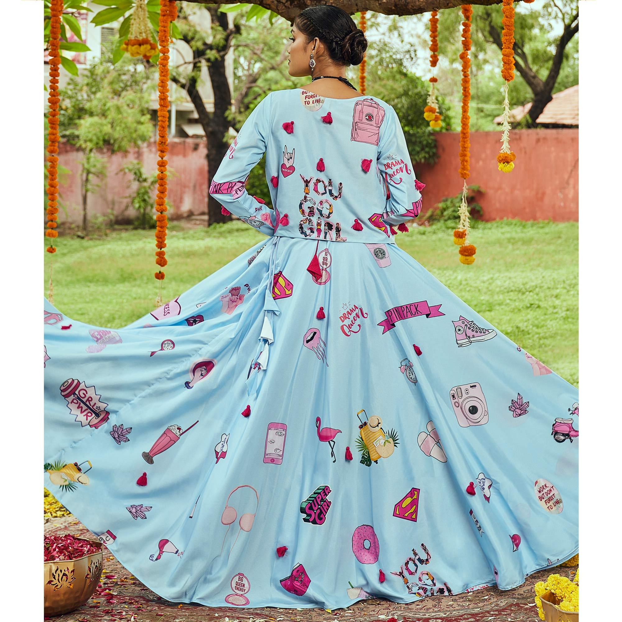 Sky Blue Printed Muslin Lehenga Choli With Koti - Peachmode