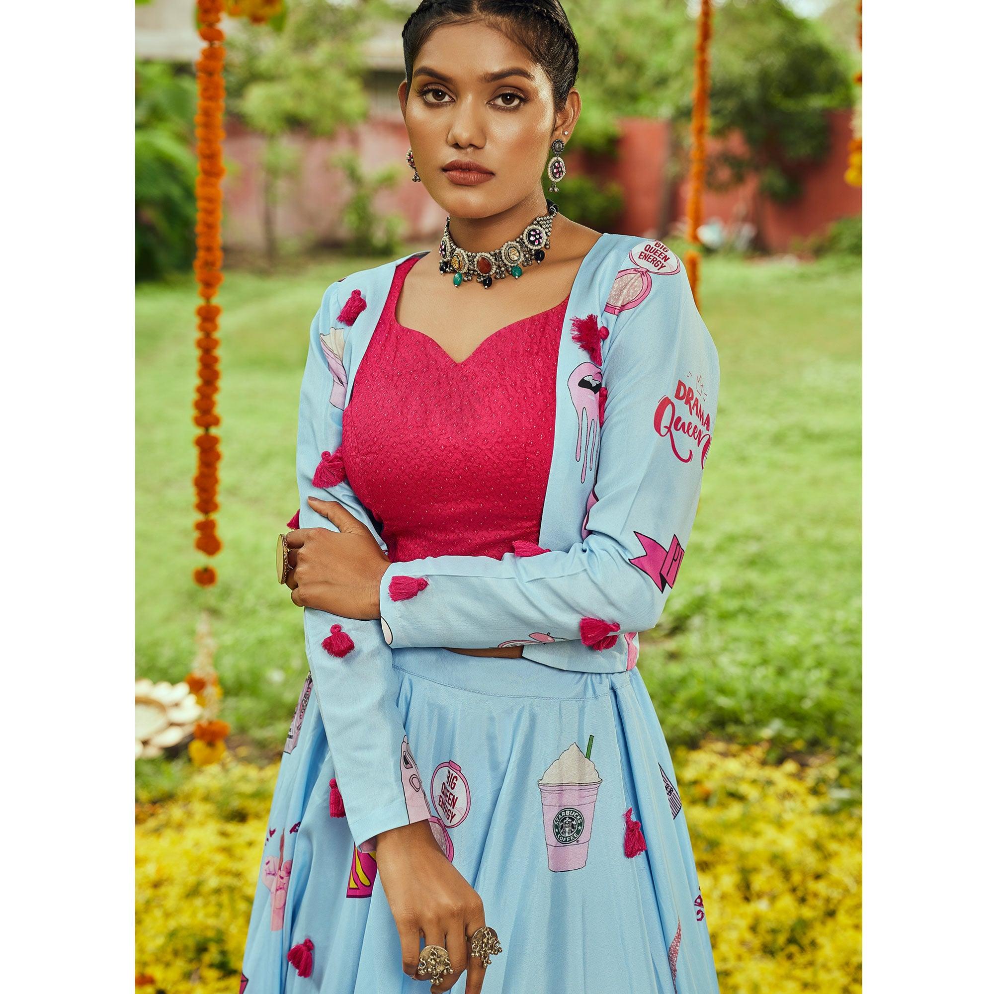 Sky Blue Printed Muslin Lehenga Choli With Koti - Peachmode