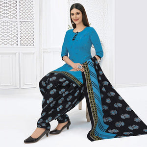 Sky Blue Printed Pure Cotton Stitched Patiala Suit - Peachmode