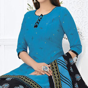 Sky Blue Printed Pure Cotton Stitched Patiala Suit - Peachmode