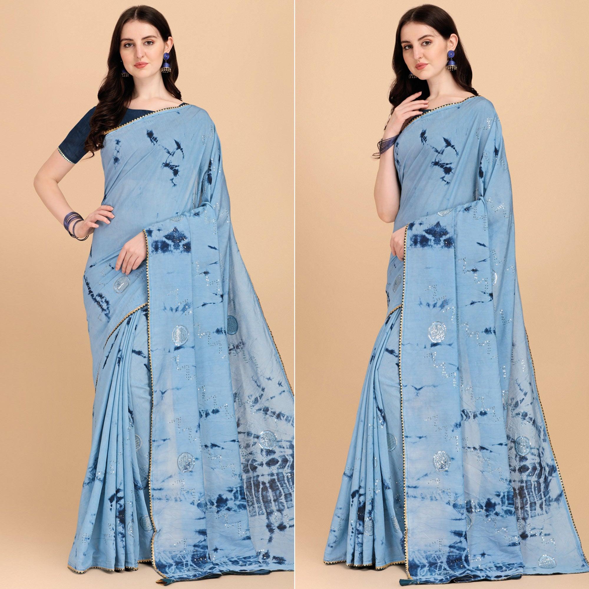 Sky Blue Sequence Embroidered Chanderi Saree - Peachmode