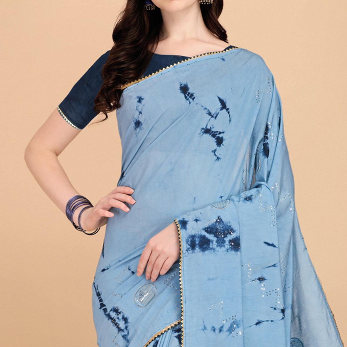 Sky Blue Sequence Embroidered Chanderi Saree - Peachmode