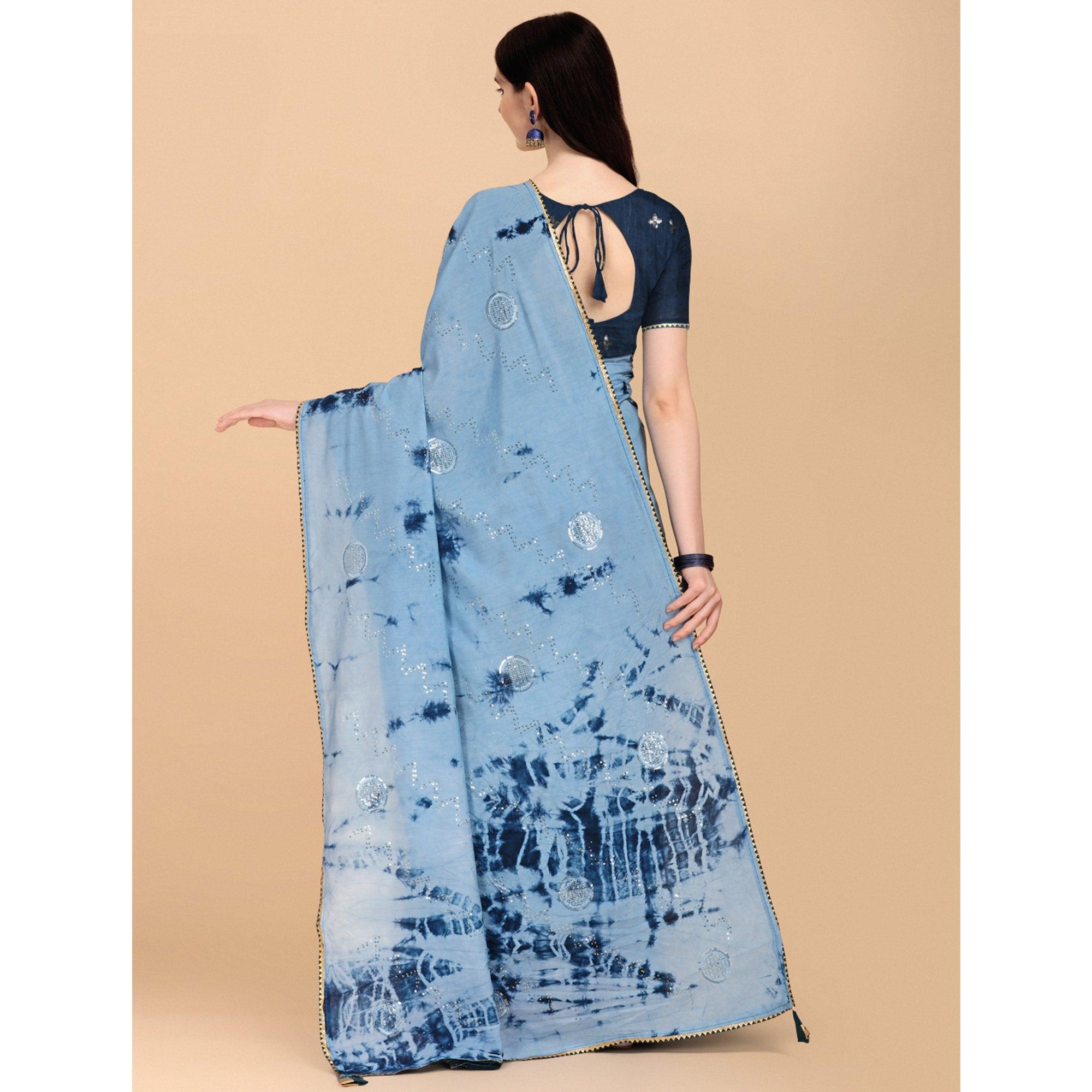 Sky Blue Sequence Embroidered Chanderi Saree - Peachmode