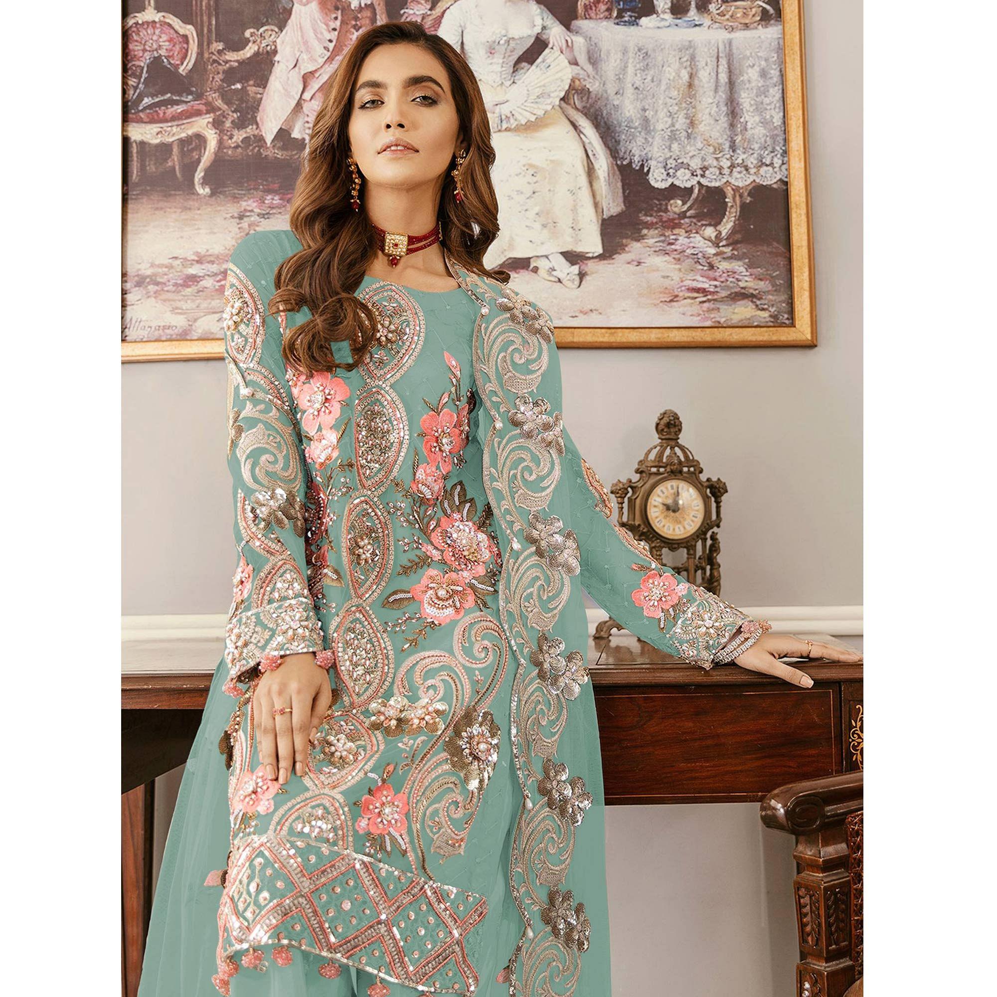 Sky Blue Sequence Embroidered Soft Net Partywear Pakistani Suit - Peachmode