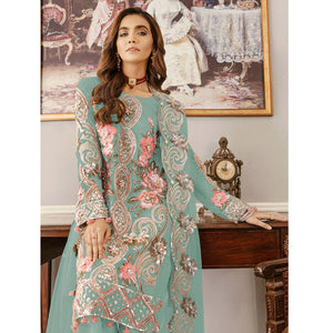 Sky Blue Sequence Embroidered Soft Net Partywear Pakistani Suit - Peachmode
