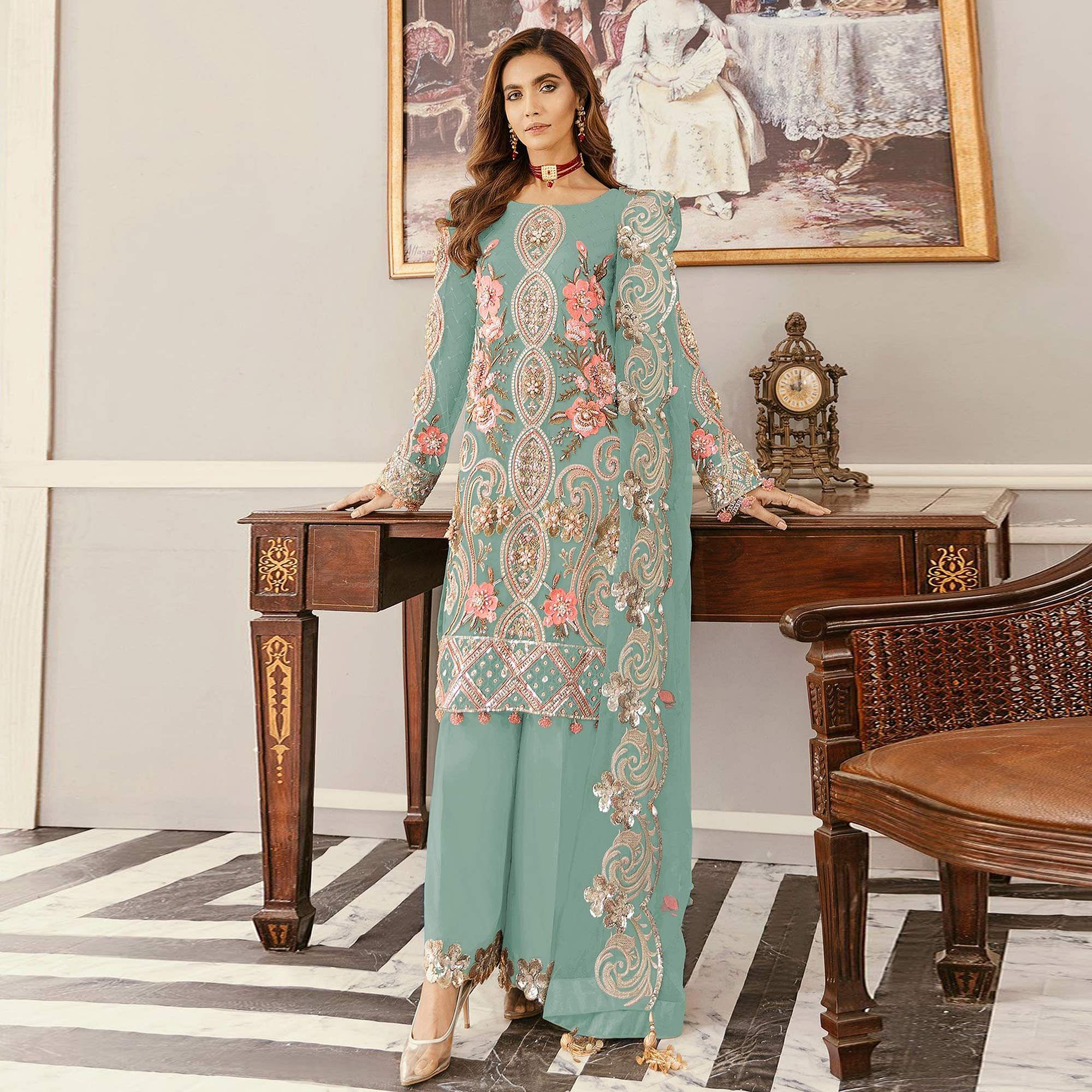 Sky Blue Sequence Embroidered Soft Net Partywear Pakistani Suit - Peachmode