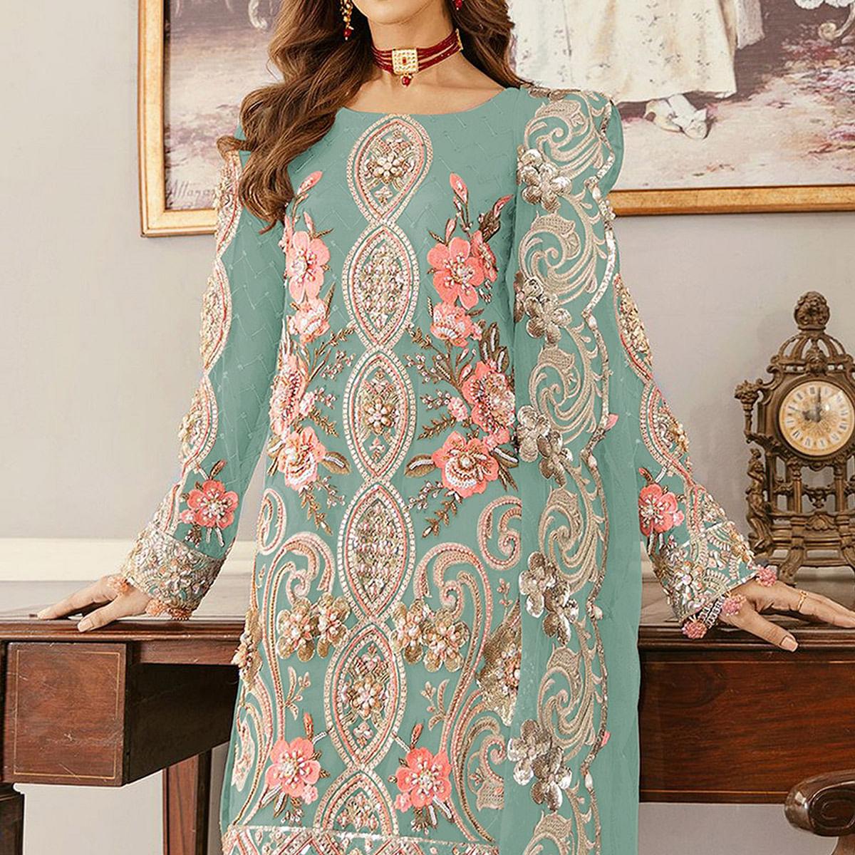 Sky Blue Sequence Embroidered Soft Net Partywear Pakistani Suit - Peachmode