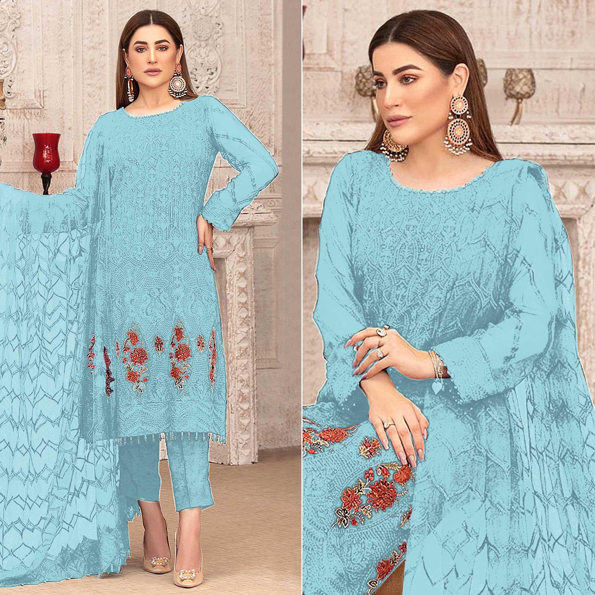 Sky Blue Sequence With Floral Embroidered Georgette Pakistani Suit - Peachmode