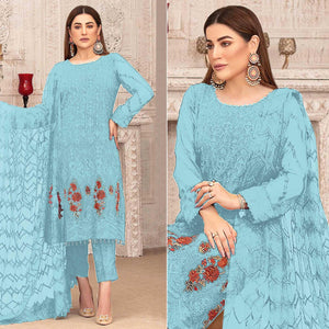 Sky Blue Sequence With Floral Embroidered Georgette Pakistani Suit - Peachmode