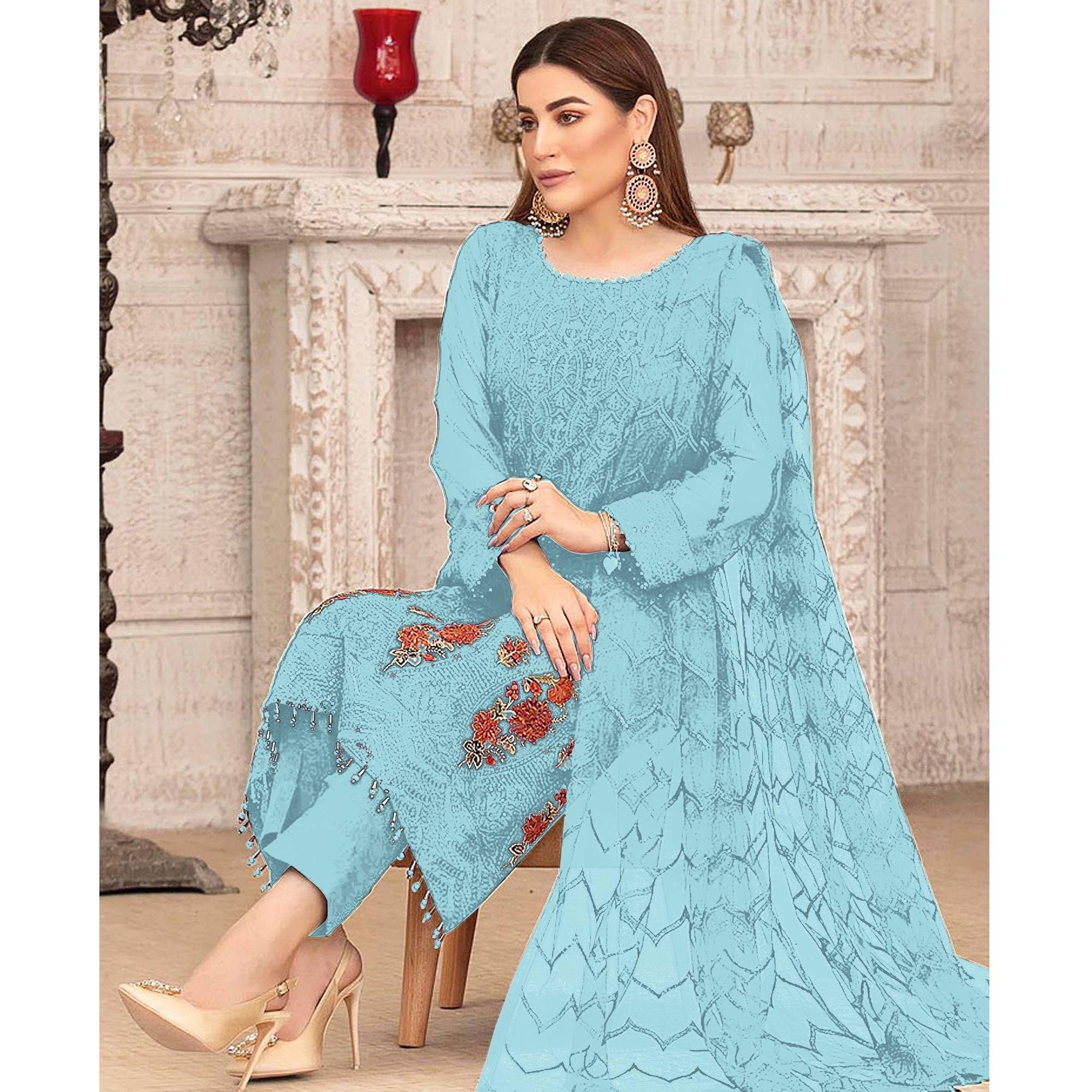 Sky Blue Sequence With Floral Embroidered Georgette Pakistani Suit - Peachmode