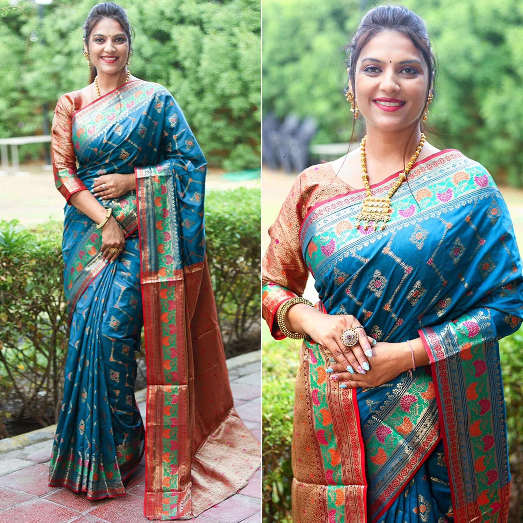 Sky Blue Woven Art Silk Saree - Peachmode
