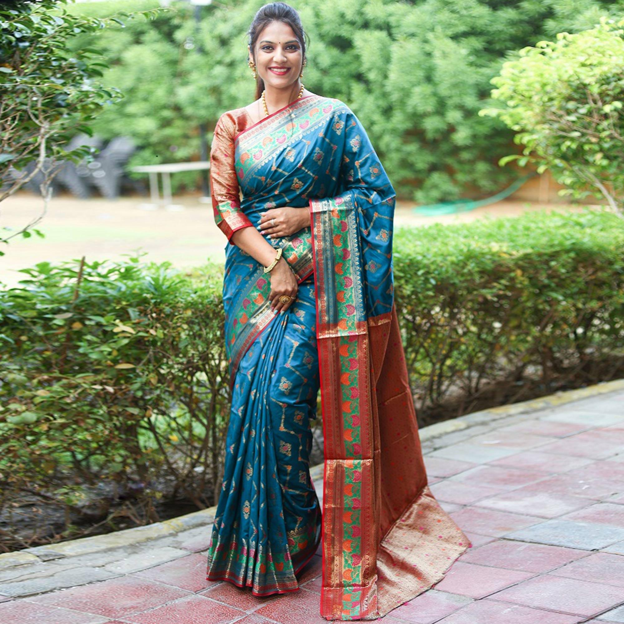 Sky Blue Woven Art Silk Saree - Peachmode