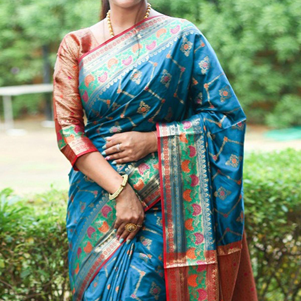 Sky Blue Woven Art Silk Saree - Peachmode