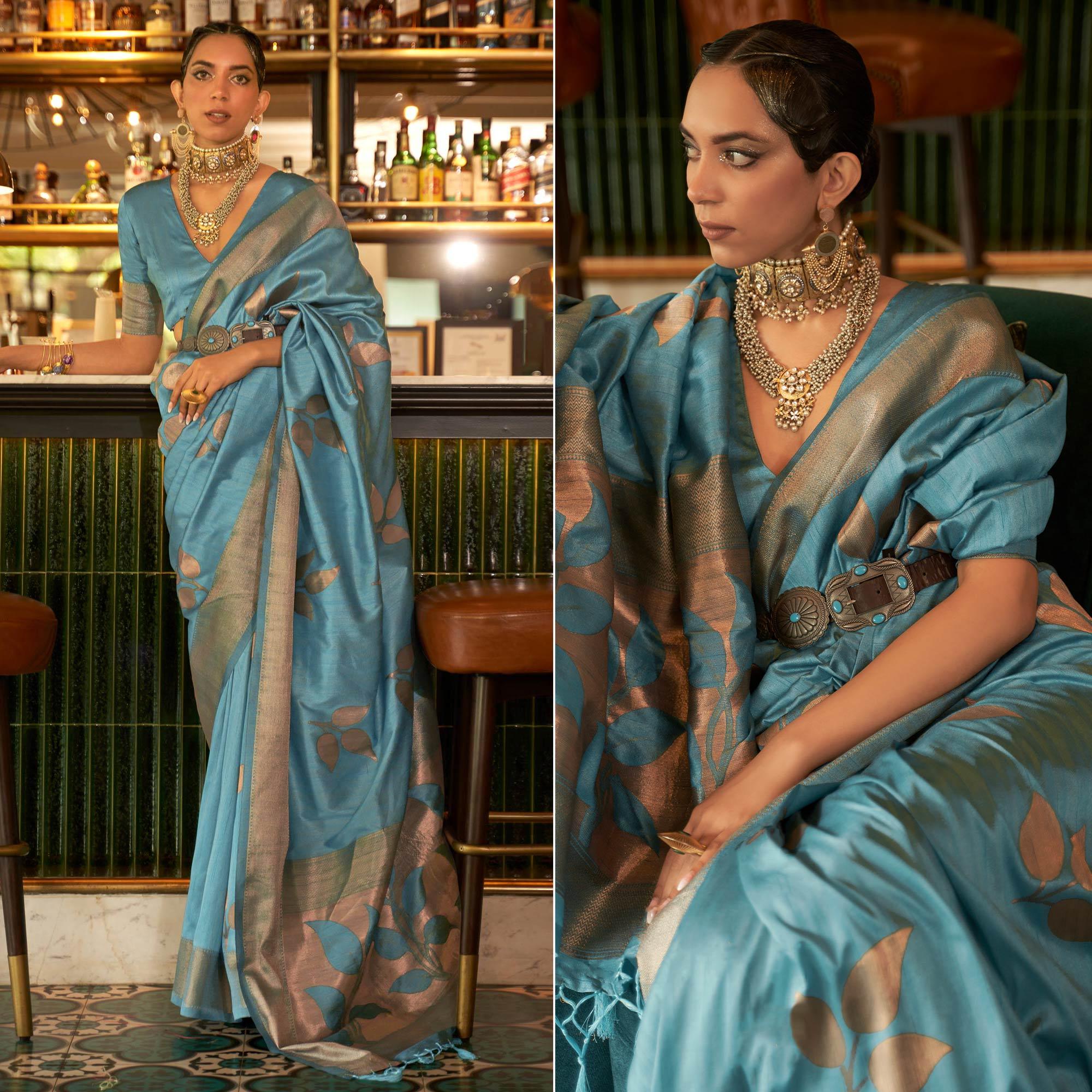 Sky Blue Woven Art Silk Saree With Tassels - Peachmode