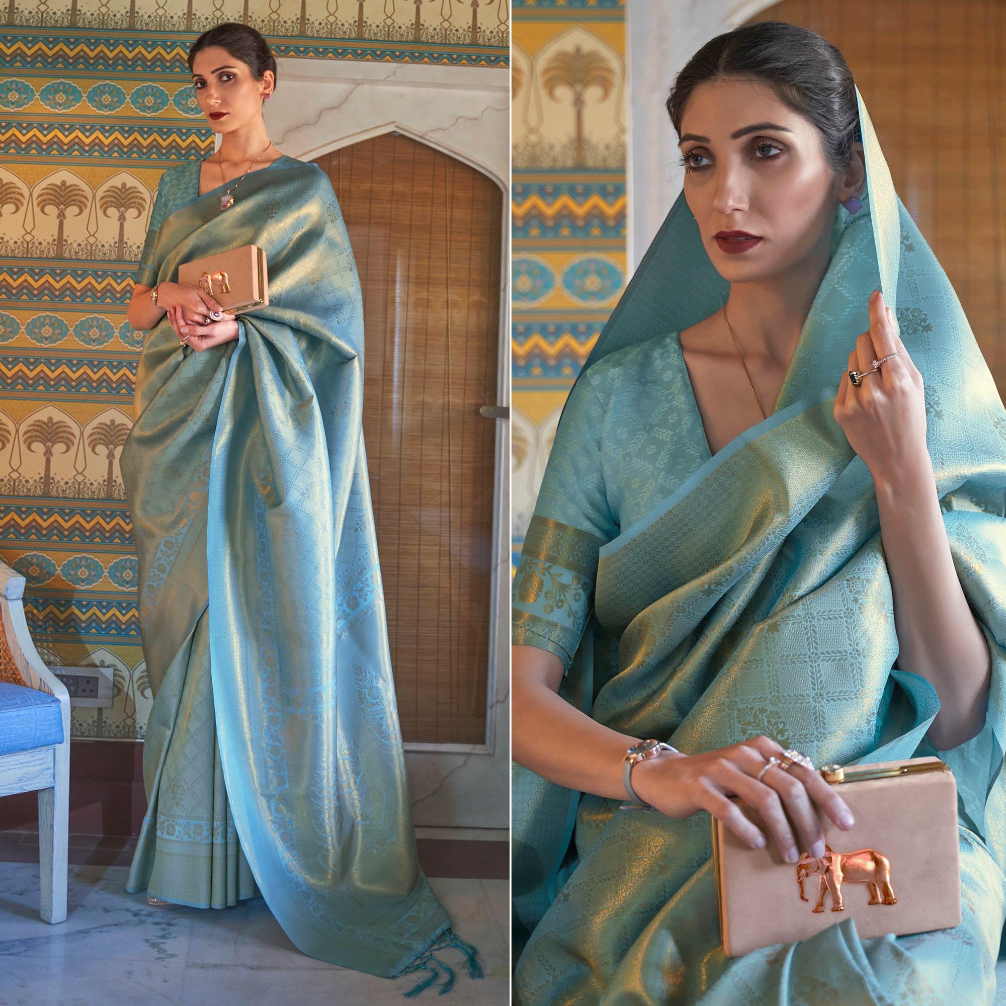 Sky Blue Woven Art Silk Saree With Tassels - Peachmode