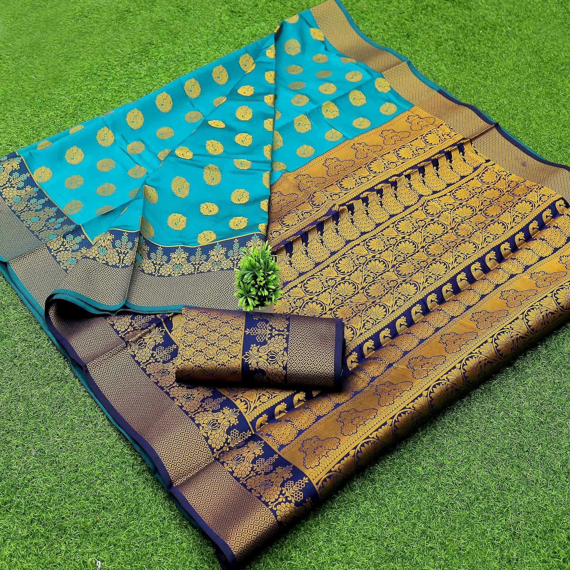 Sky Blue Woven Banarasi Silk Saree - Peachmode