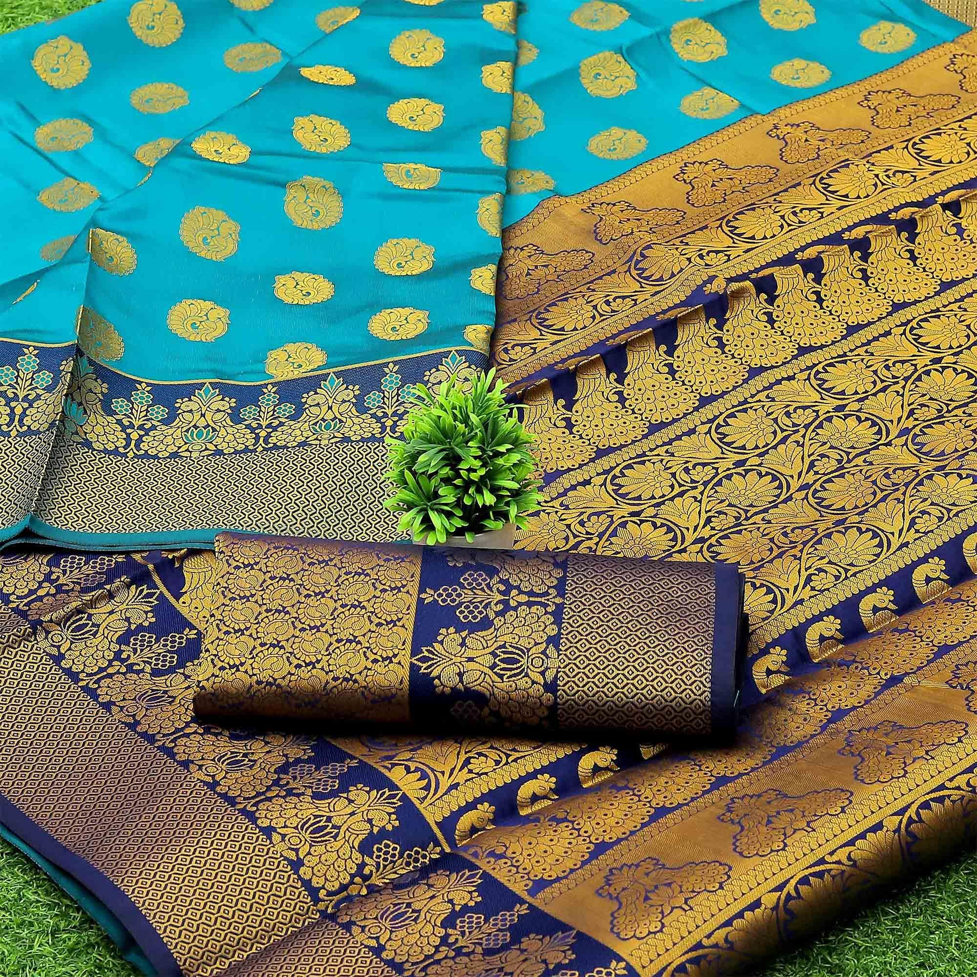 Sky Blue Woven Banarasi Silk Saree - Peachmode