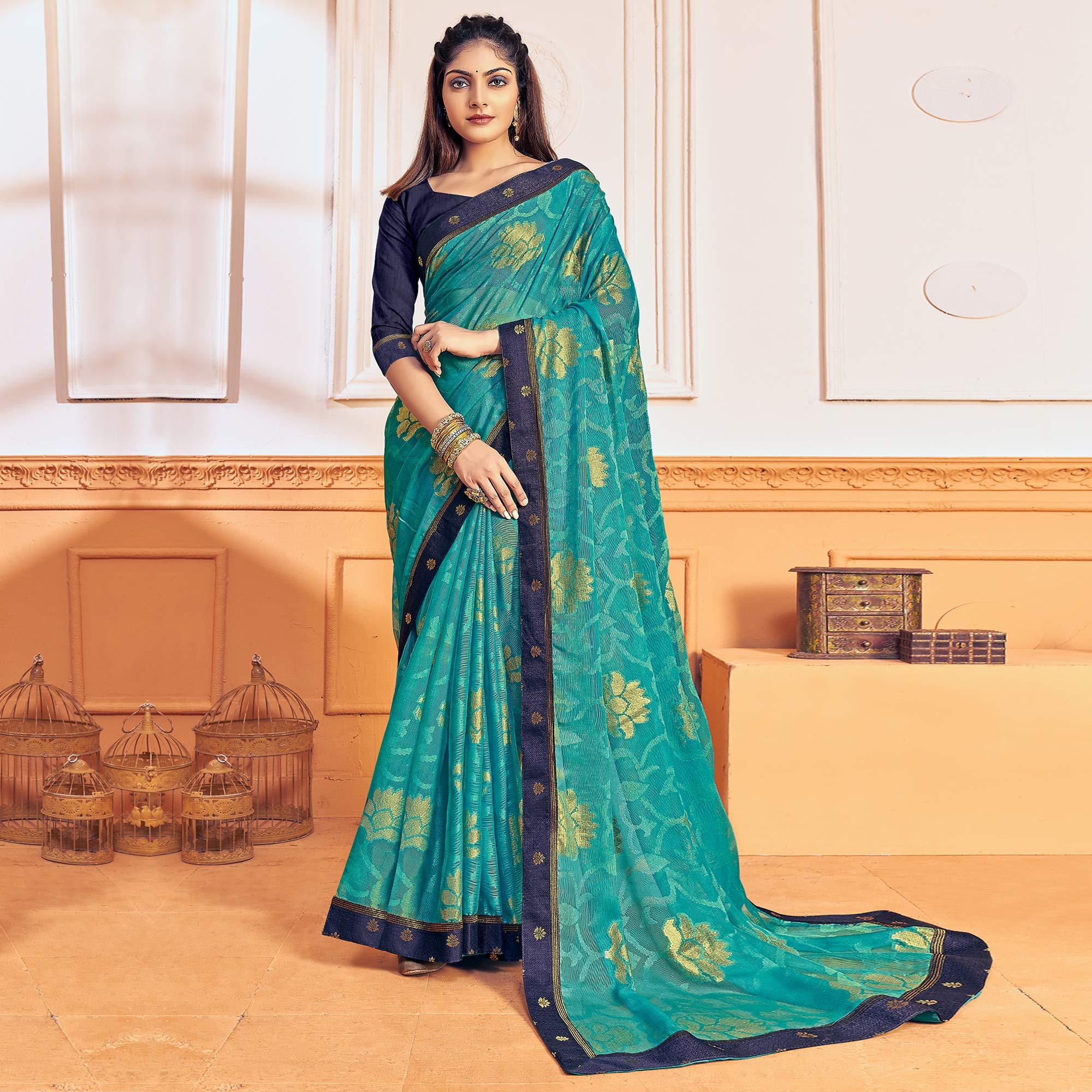 Sky Blue Woven Brasso Saree - Peachmode