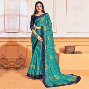 Sky Blue Woven Brasso Saree - Peachmode