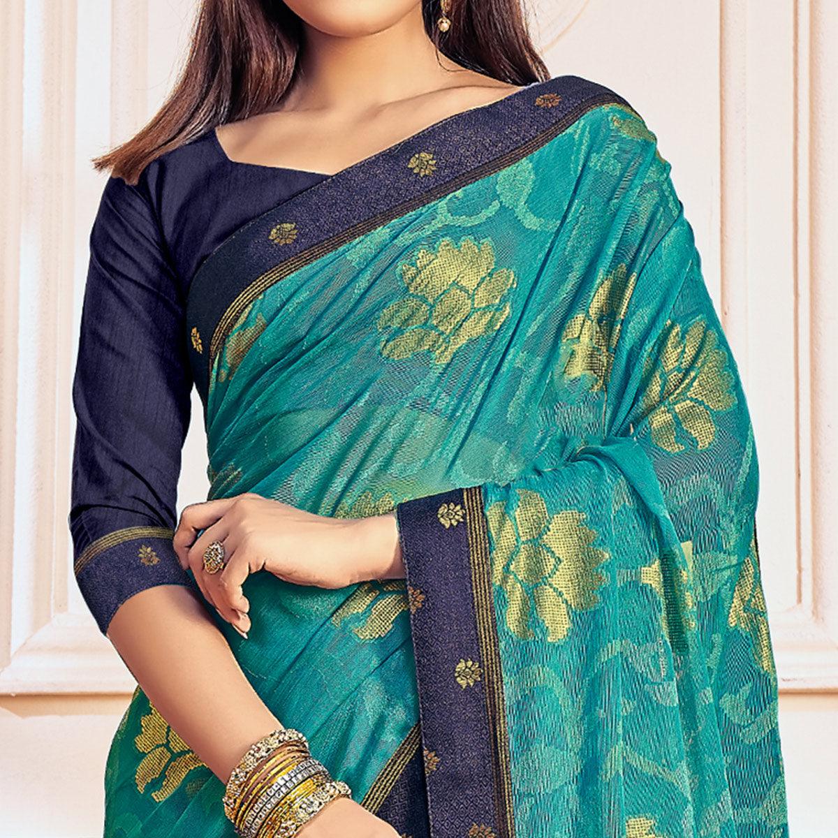 Sky Blue Woven Brasso Saree - Peachmode