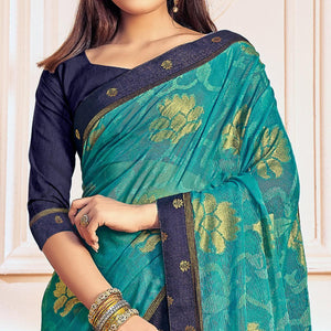Sky Blue Woven Brasso Saree - Peachmode