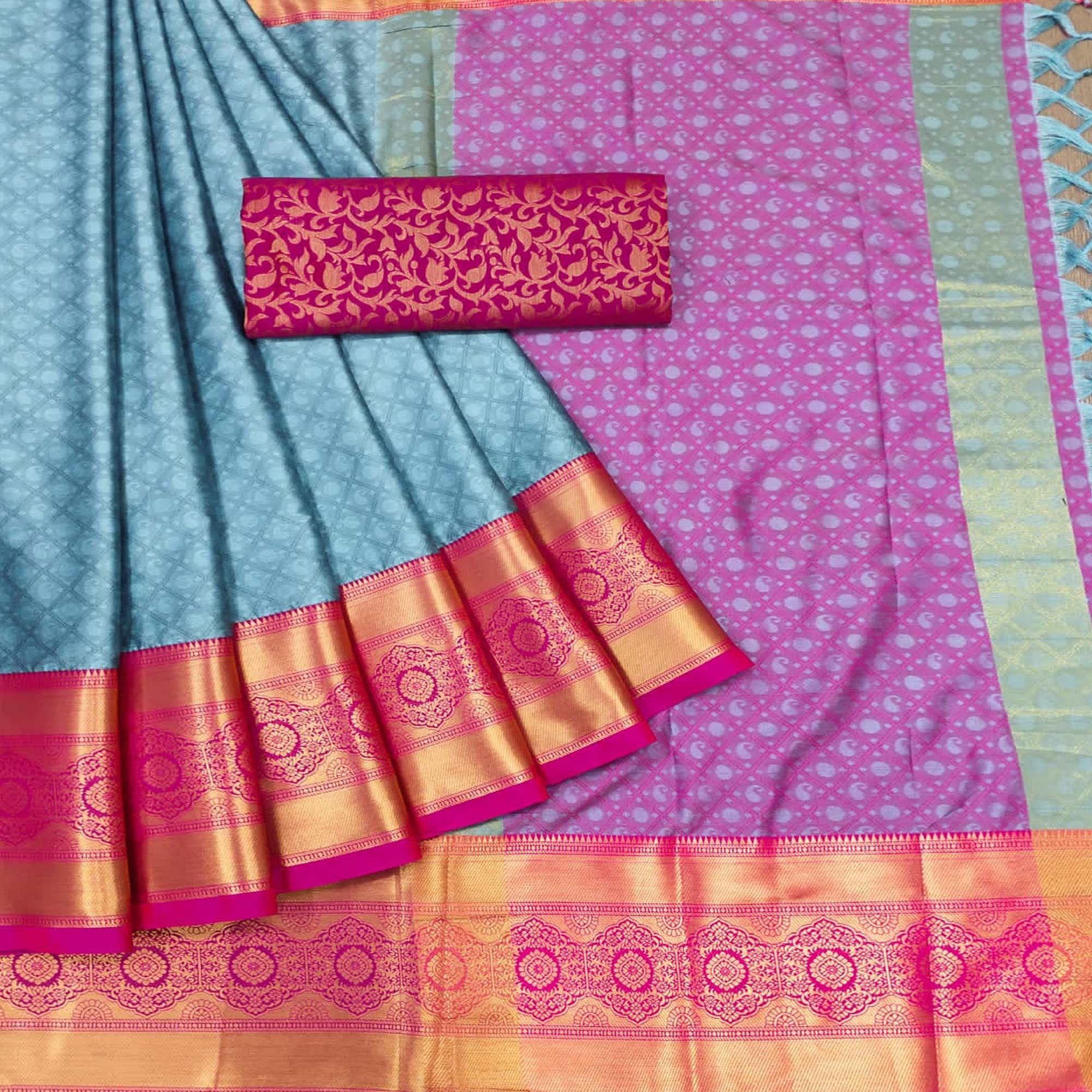 Sky Blue Woven Cotton Silk Saree - Peachmode