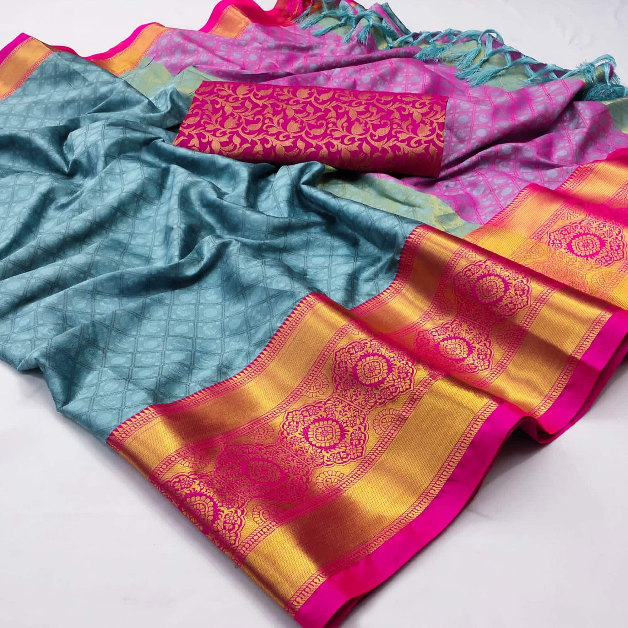 Sky Blue Woven Cotton Silk Saree - Peachmode