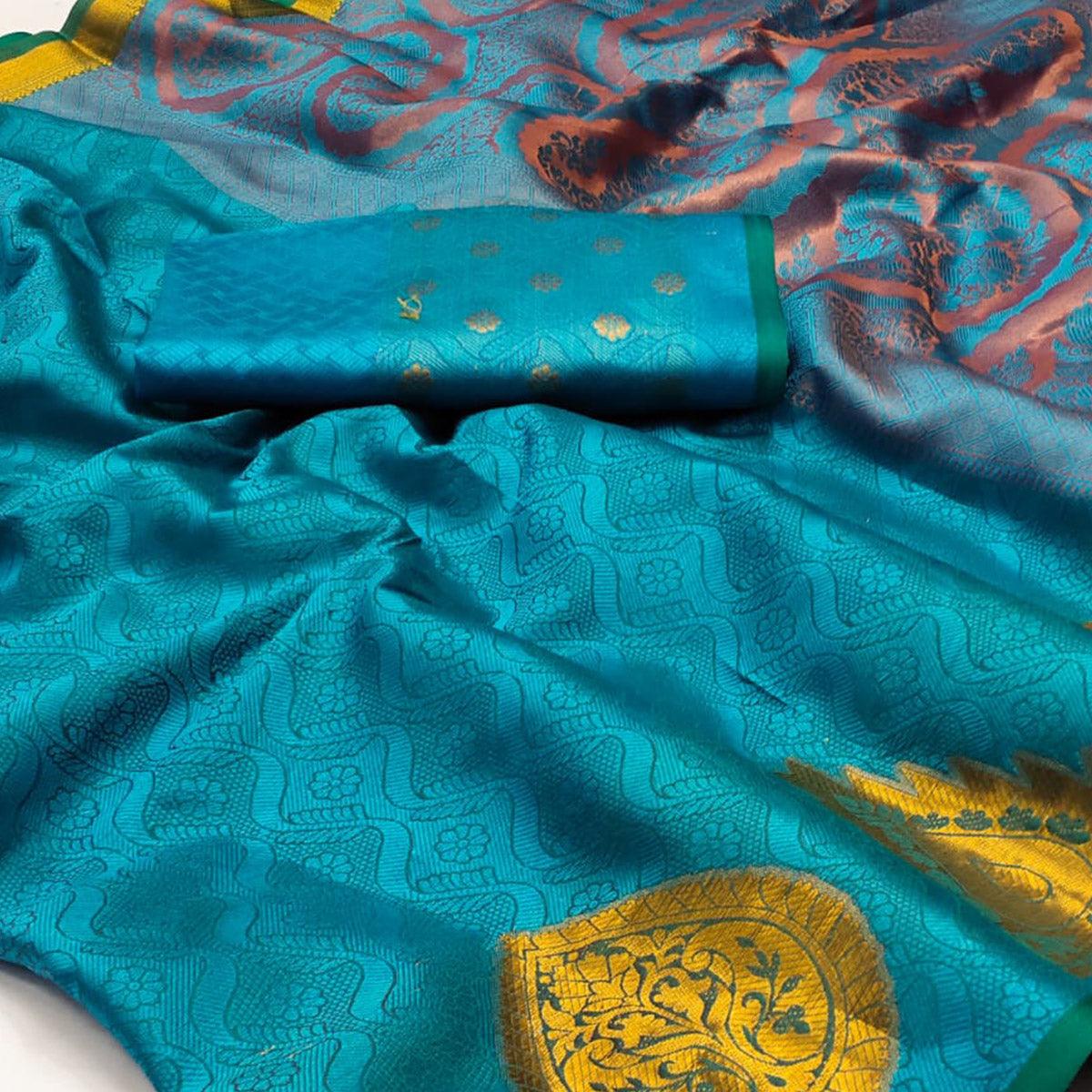 Sky Blue Woven Cotton Silk Saree - Peachmode