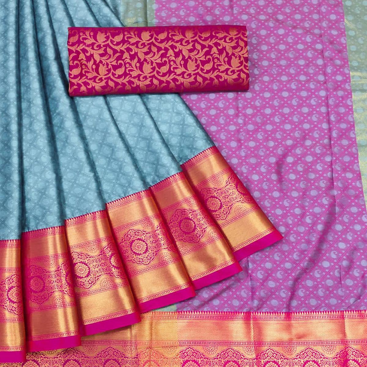 Sky Blue Woven Cotton Silk Saree - Peachmode