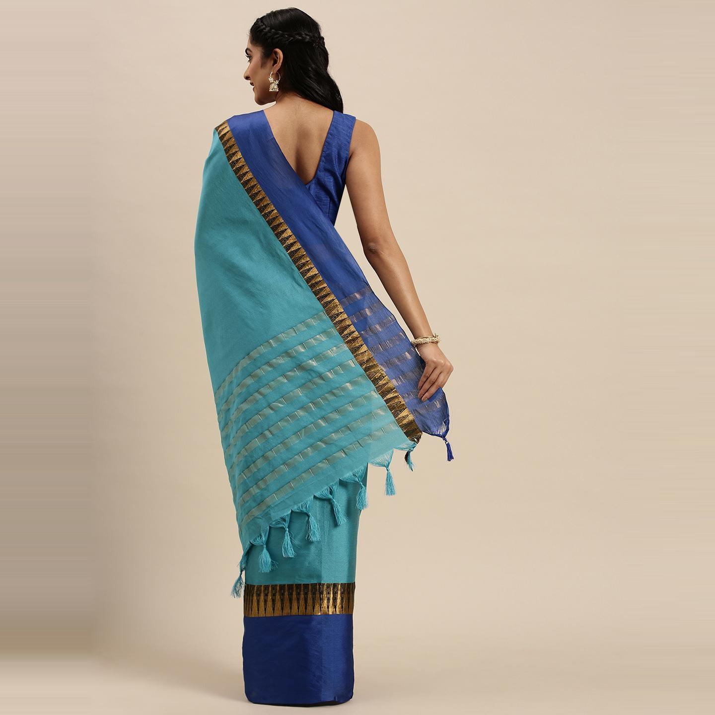 Sky Blue Woven Cotton Silk Saree - Peachmode