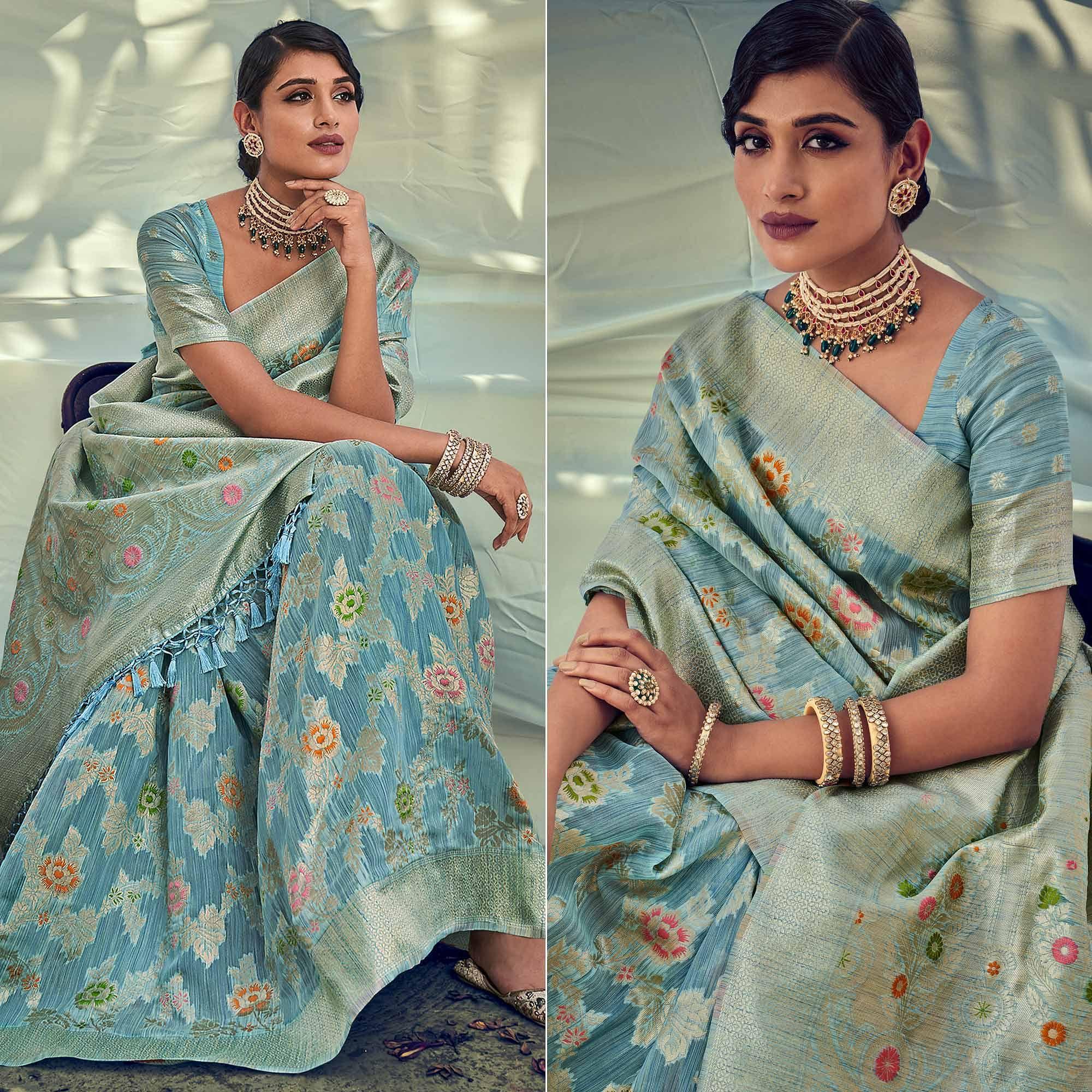 Sky Blue Woven Pure Silk Saree With Tassels - Peachmode