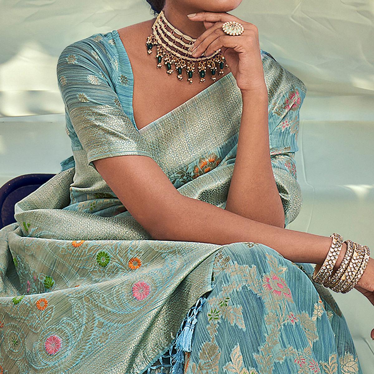 Sky Blue Woven Pure Silk Saree With Tassels - Peachmode