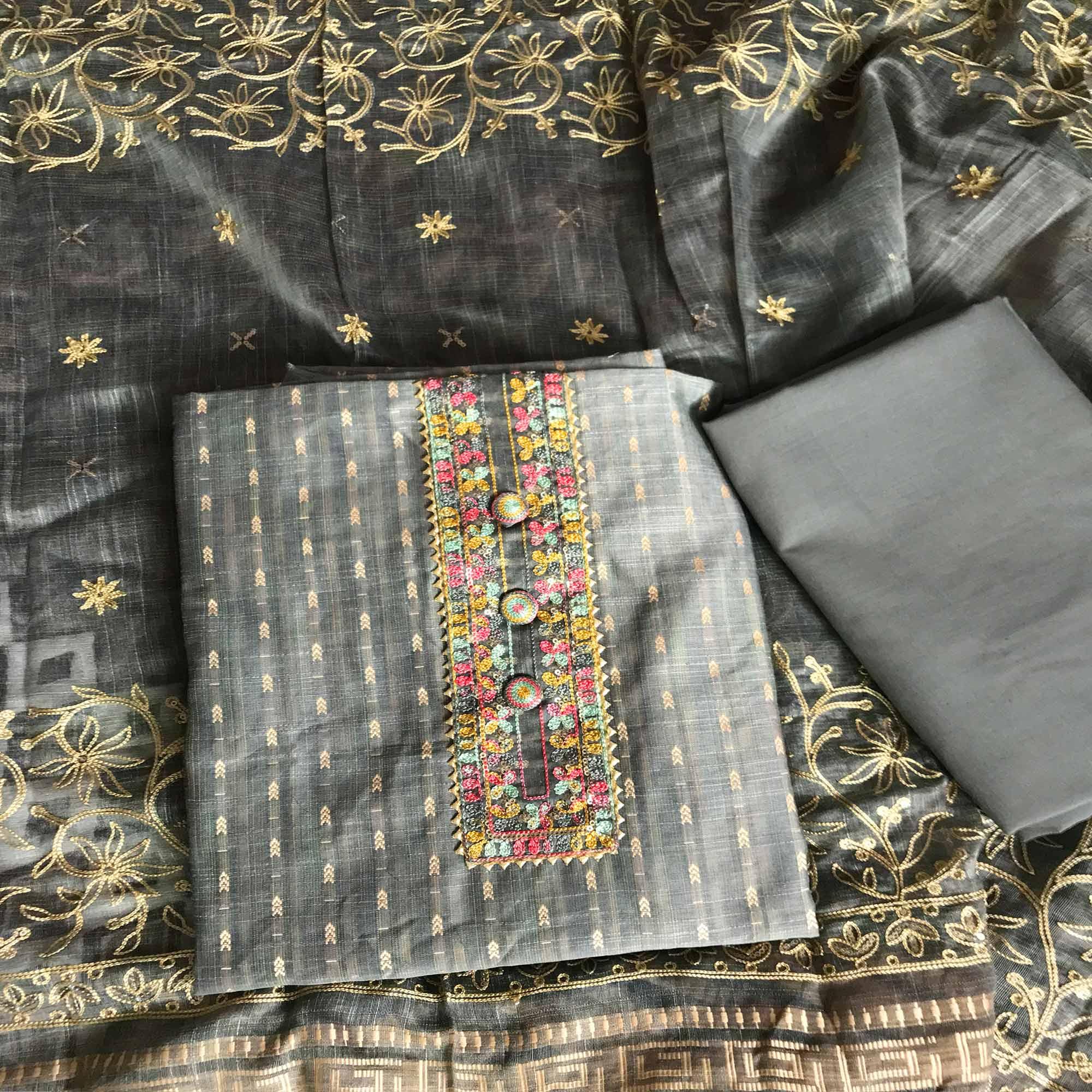 Slate Grey Festive Wear Embroidered Silk Cotton Dress Material - Peachmode