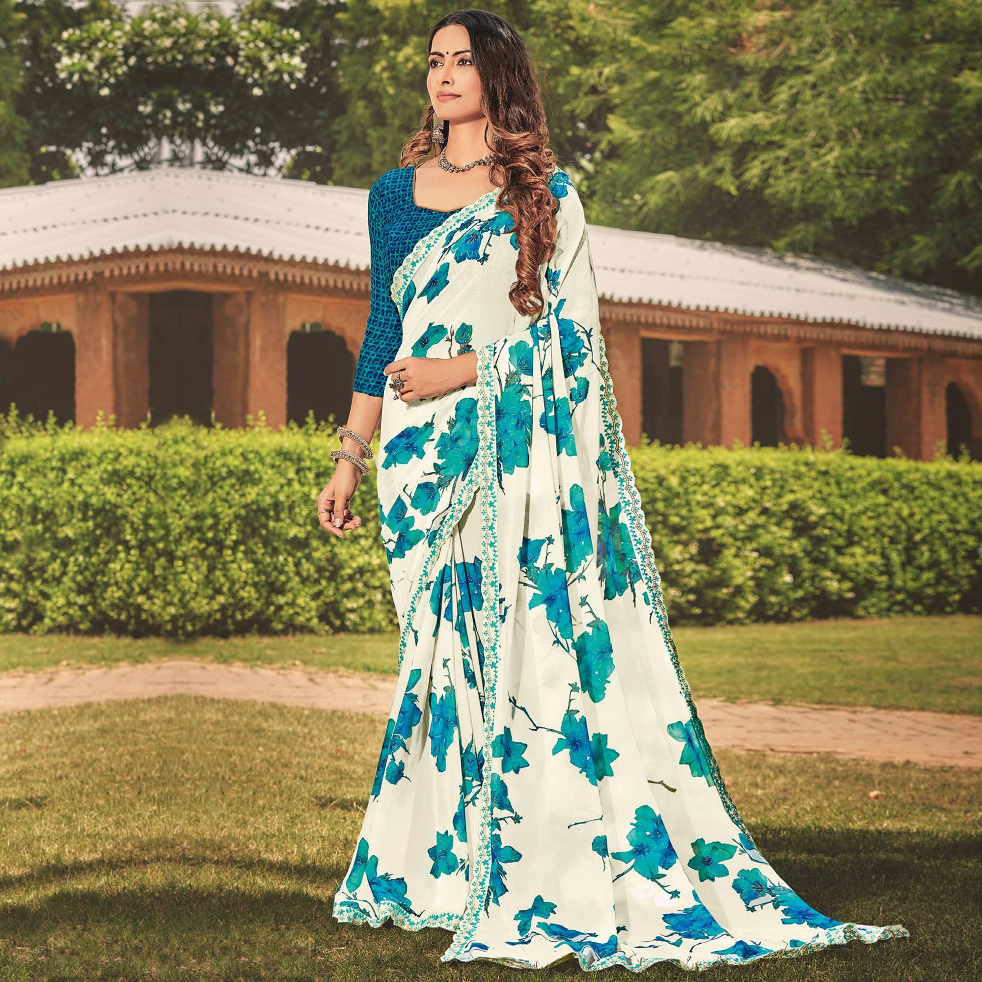Snow Blue Casual Wear Floral Printed Georgette Saree - Peachmode