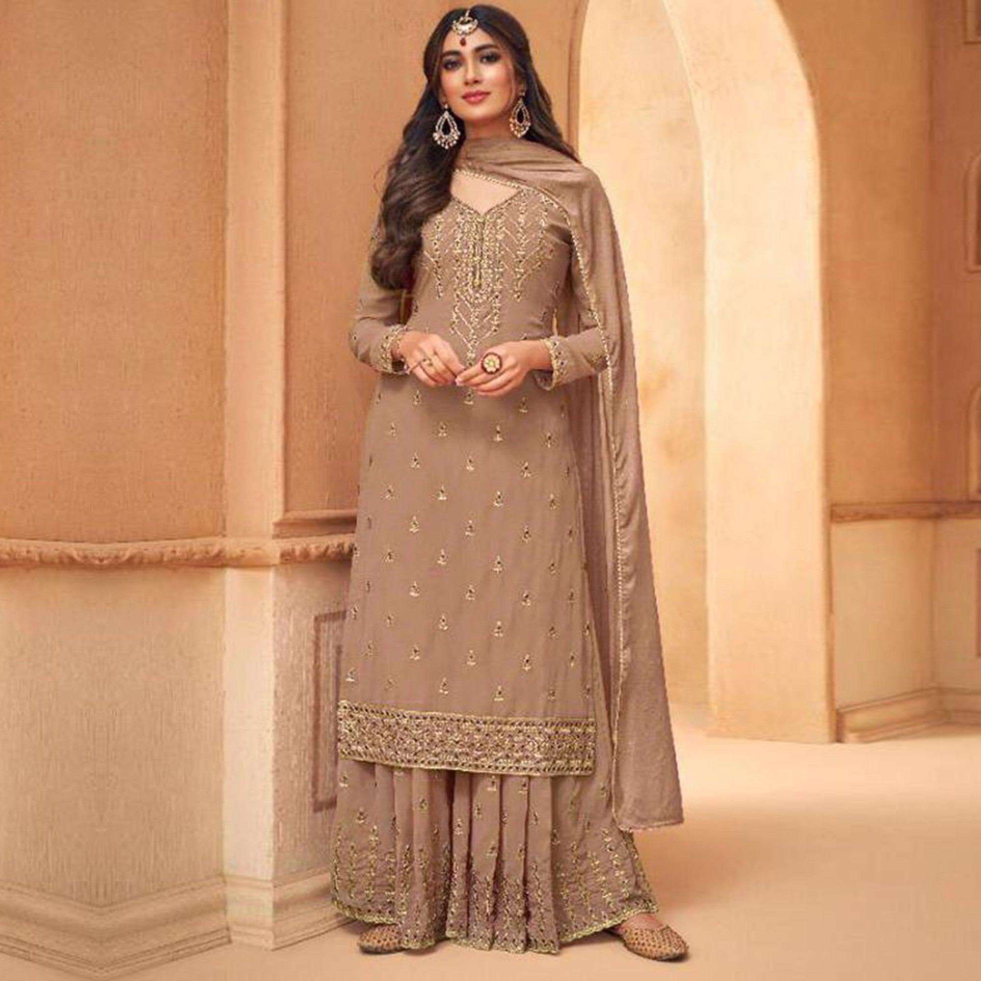 Solar Bronze Partywear Designer Embroidery Heavy Faux Georgette Salwar suit - Peachmode