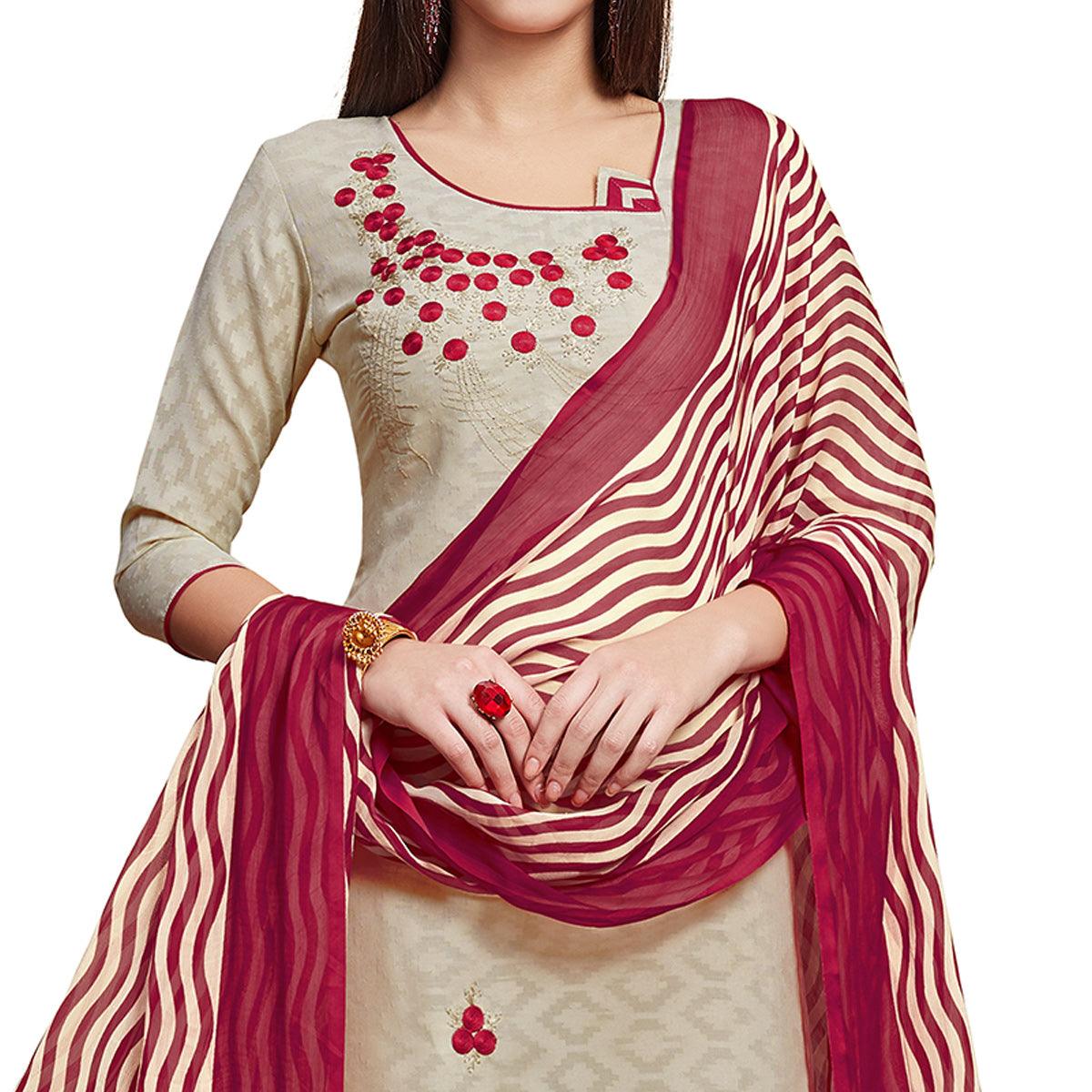 Sophisticated Beige Colored Casual Wear Embroidered Jacquard Dress Material - Peachmode