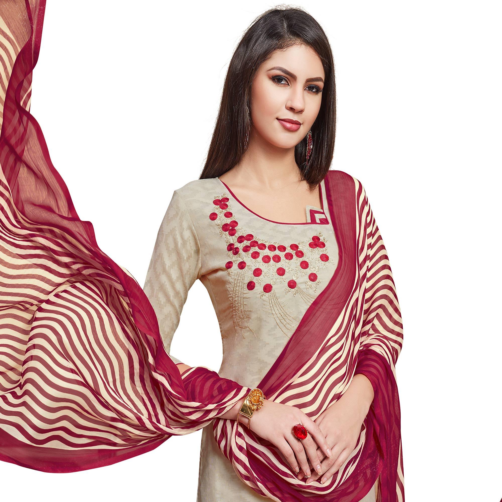 Sophisticated Beige Colored Casual Wear Embroidered Jacquard Dress Material - Peachmode